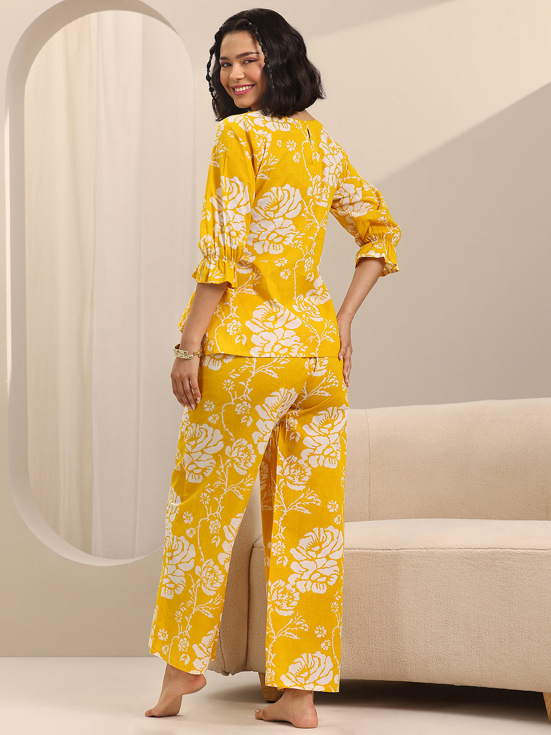 Yellow Printed Cotton Night Suits