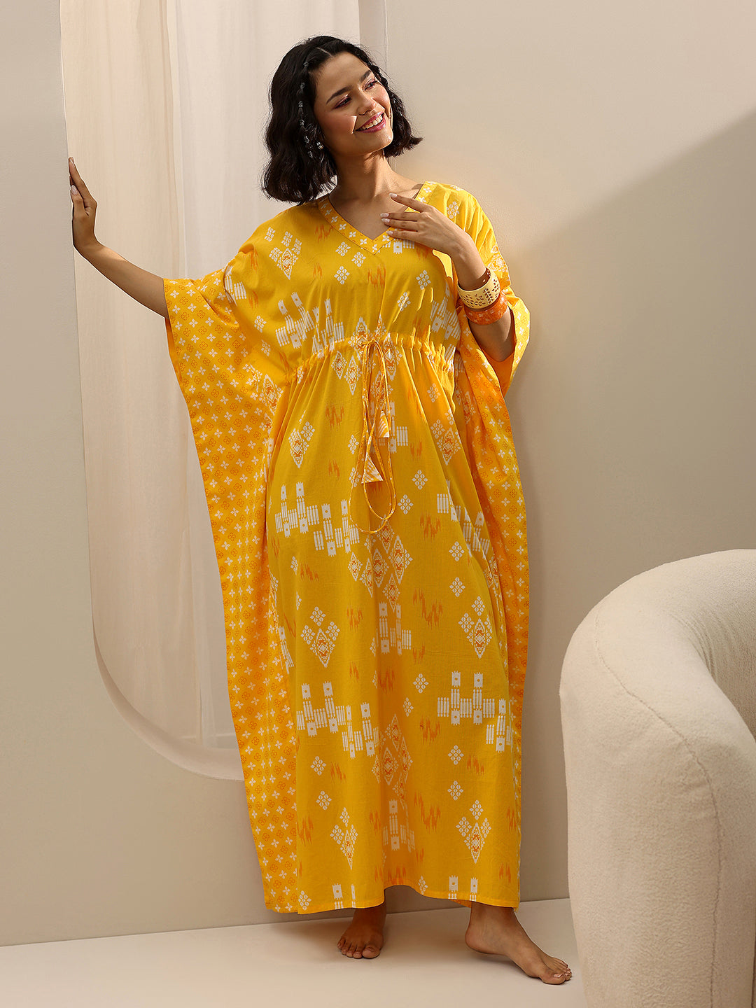 Yellow Printed Cotton Kaftan Night Dress