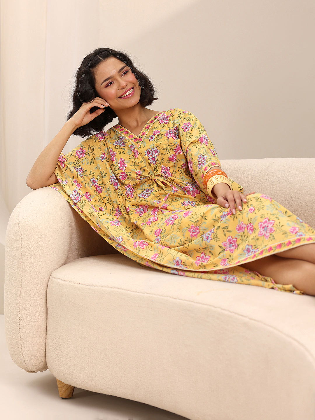 Yellow Printed Cotton Kaftan Night Dress