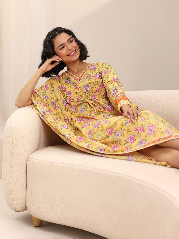 Yellow Printed Cotton Kaftan Night Dress