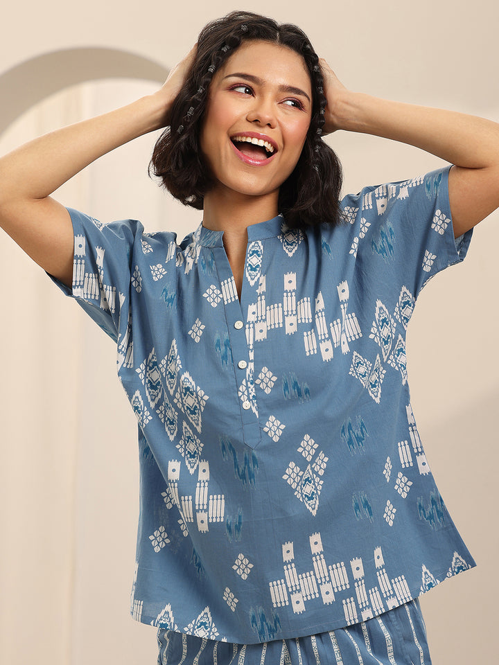 Blue Printed Cotton Night Suits