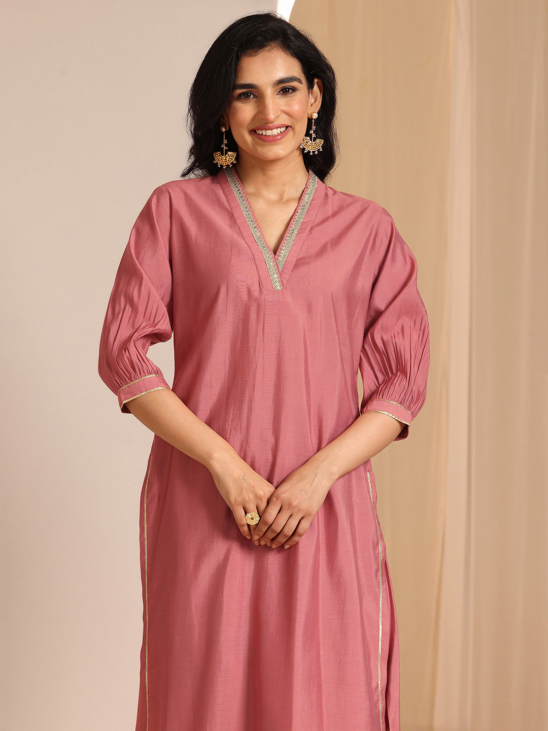 Peach Solid Silk Blend Straight Suit Set With Dupatta