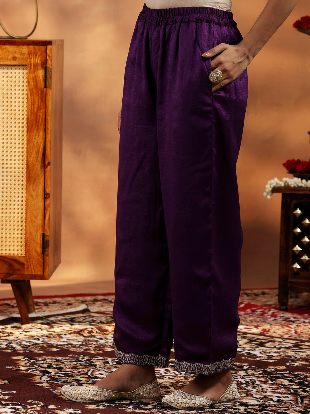 Wine Embroidered Silk Blend Straight Suit With Dupatta