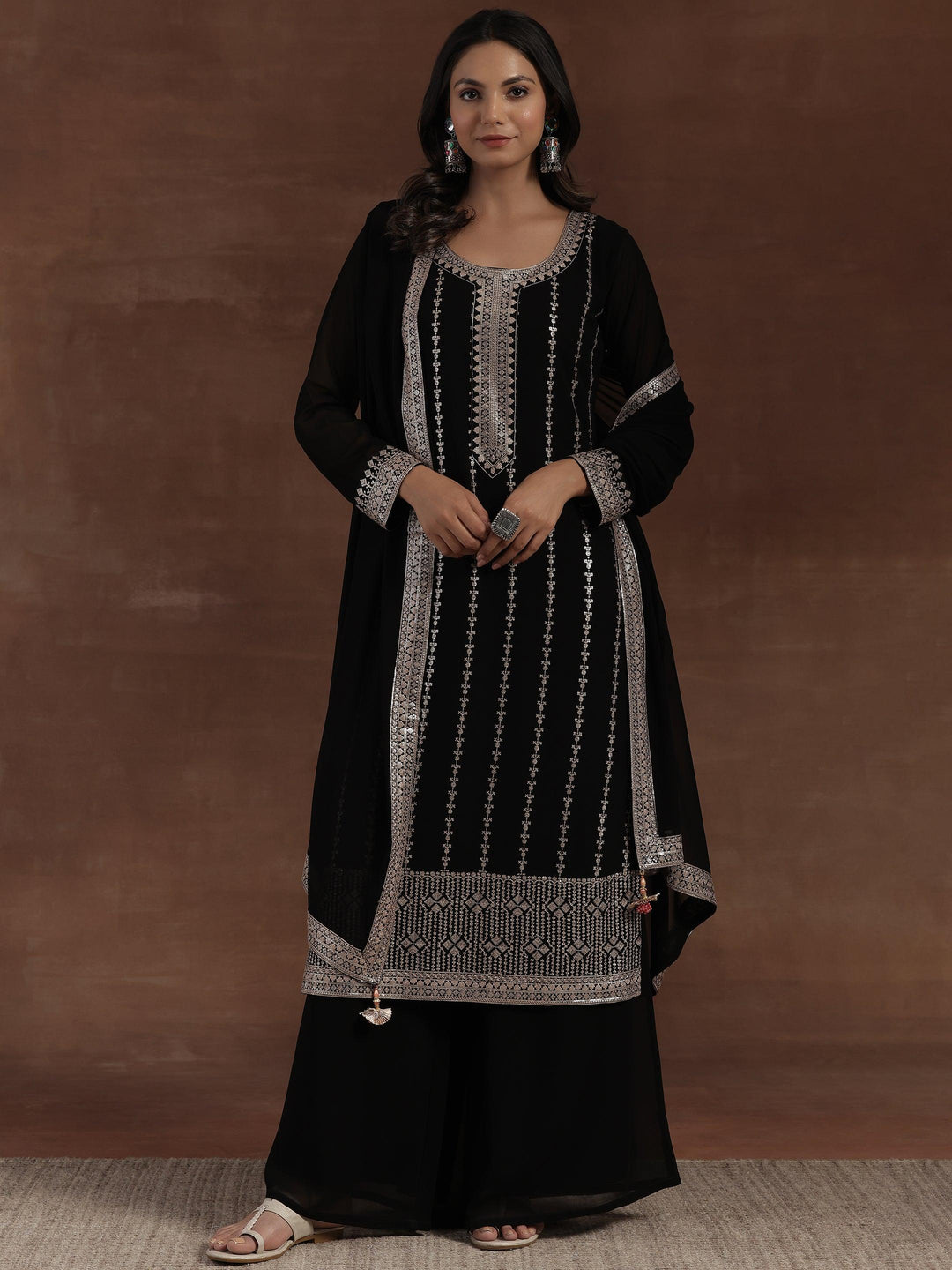 Black Embroidered Georgette Straight Suit With Dupatta