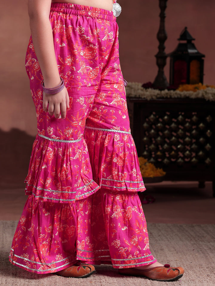 Kids Orange Printed Cotton Straight Suit With Dupatta