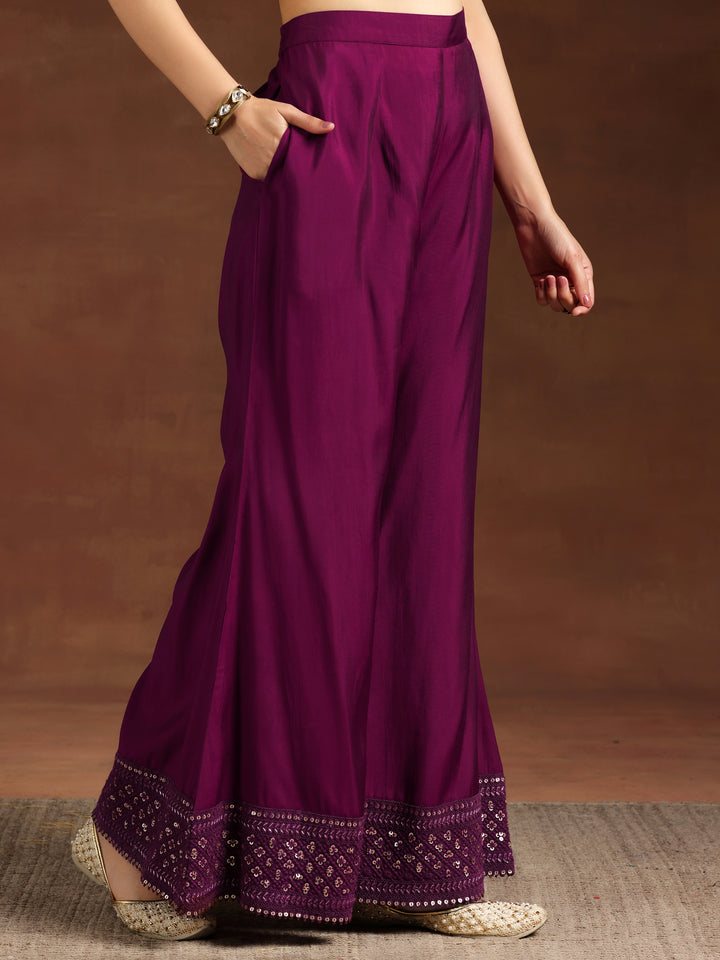 Wine Embroidered Silk Blend Straight Suit With Dupatta