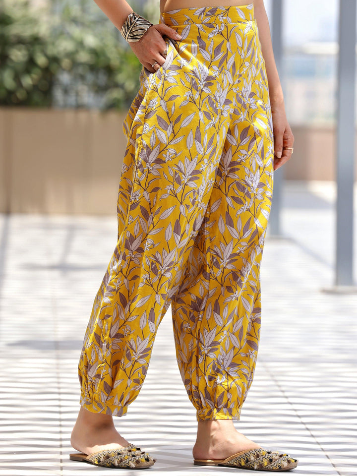 Mustard Printed Cotton Pathani Kurta Set