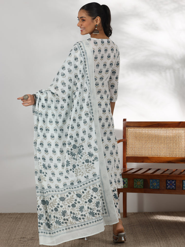 White Printed Cotton Straight Suit With Dupatta
