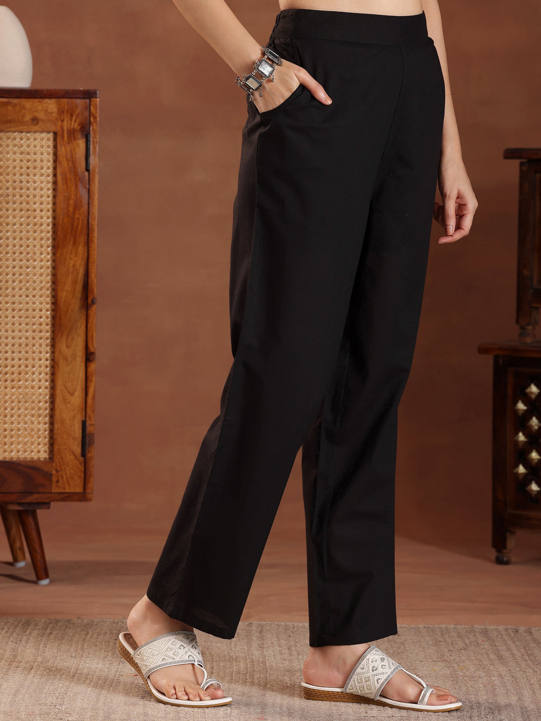 Black Printed Cotton Straight Suit With Dupatta