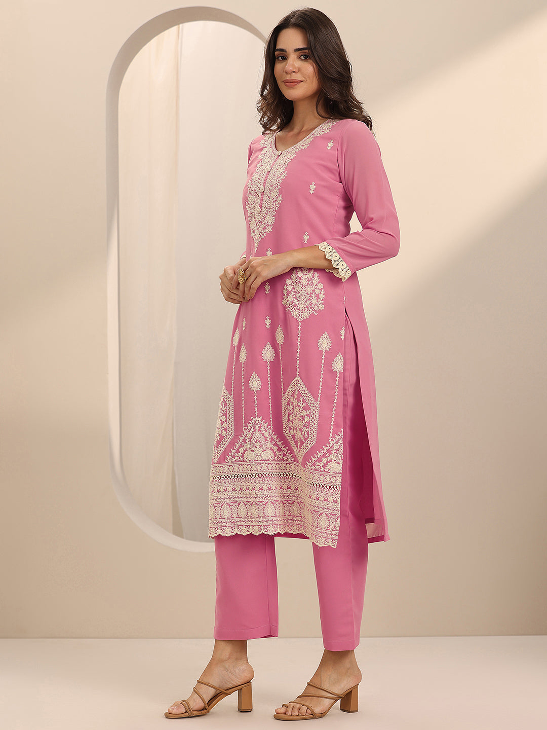 Pink Embroidered Georgette Straight Suit Set With Dupatta