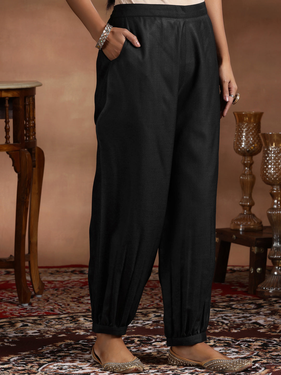 Black Solid Cotton Blend Straight Suit With Dupatta
