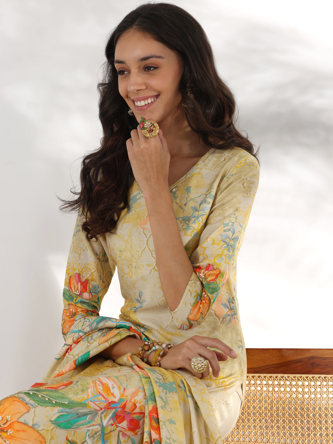Beige Printed Muslin Straight Suit With Dupatta