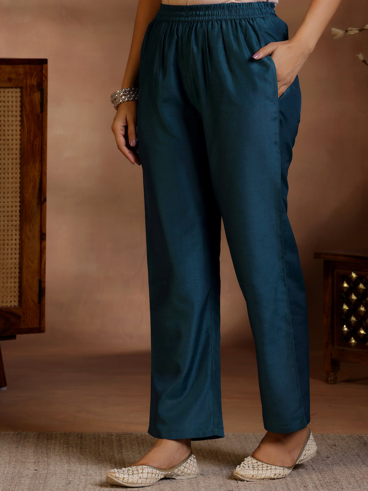 Teal Woven Design Silk Blend Straight Suit With Dupatta