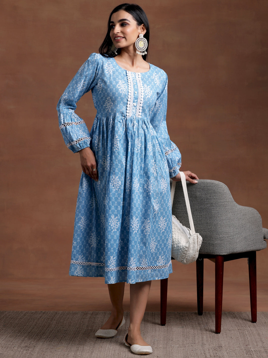 Blue Printed Cotton Fit and Flare Dress