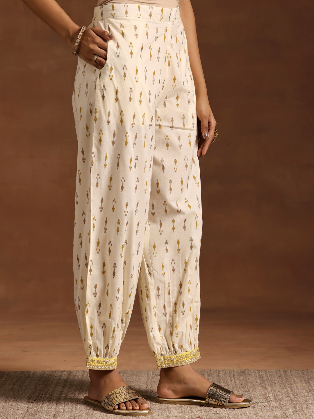Yellow Printed Cotton A-Line Kurta With Salwar
