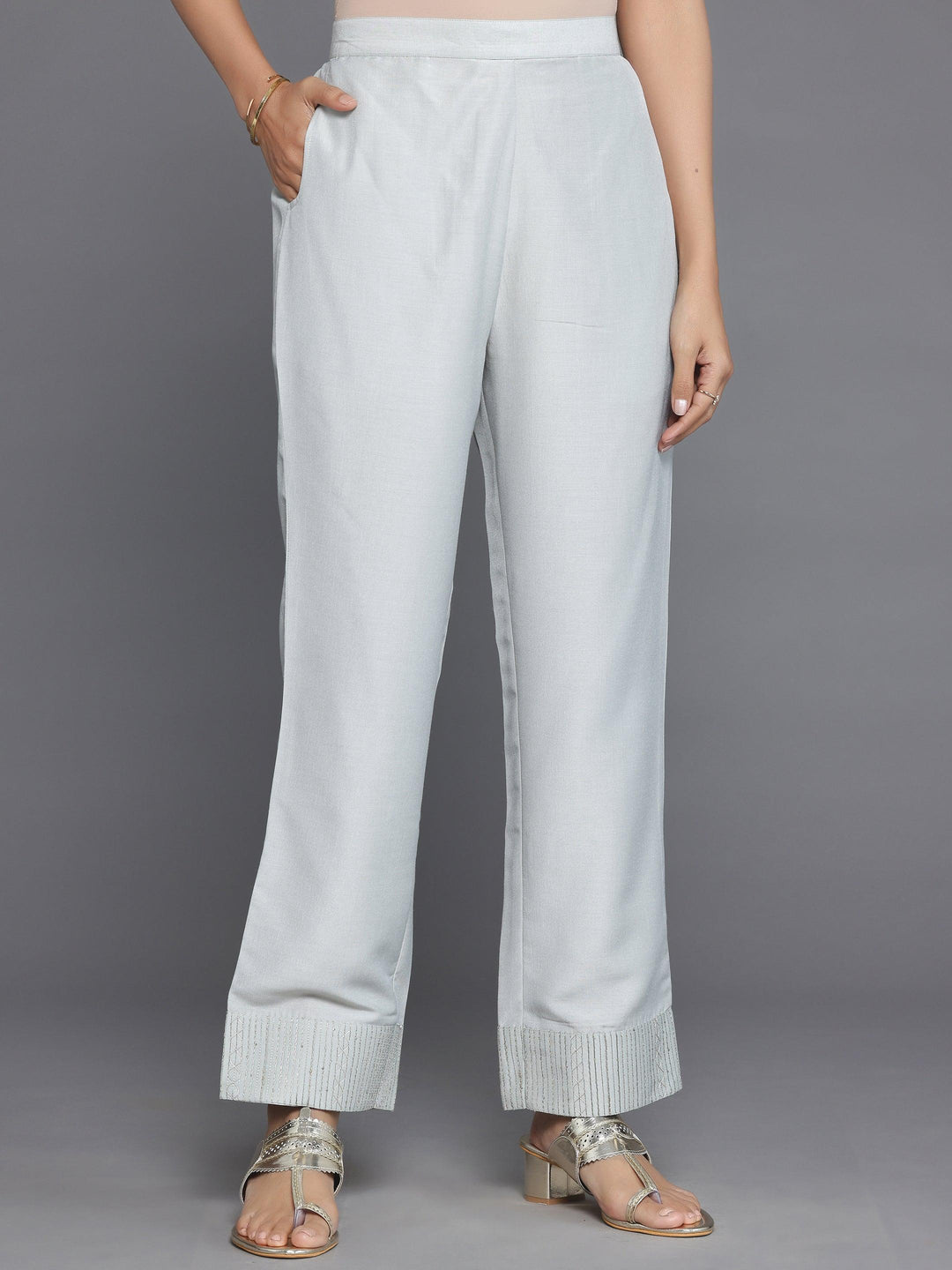 Grey Self Design Silk Blend Straight Suit With Dupatta