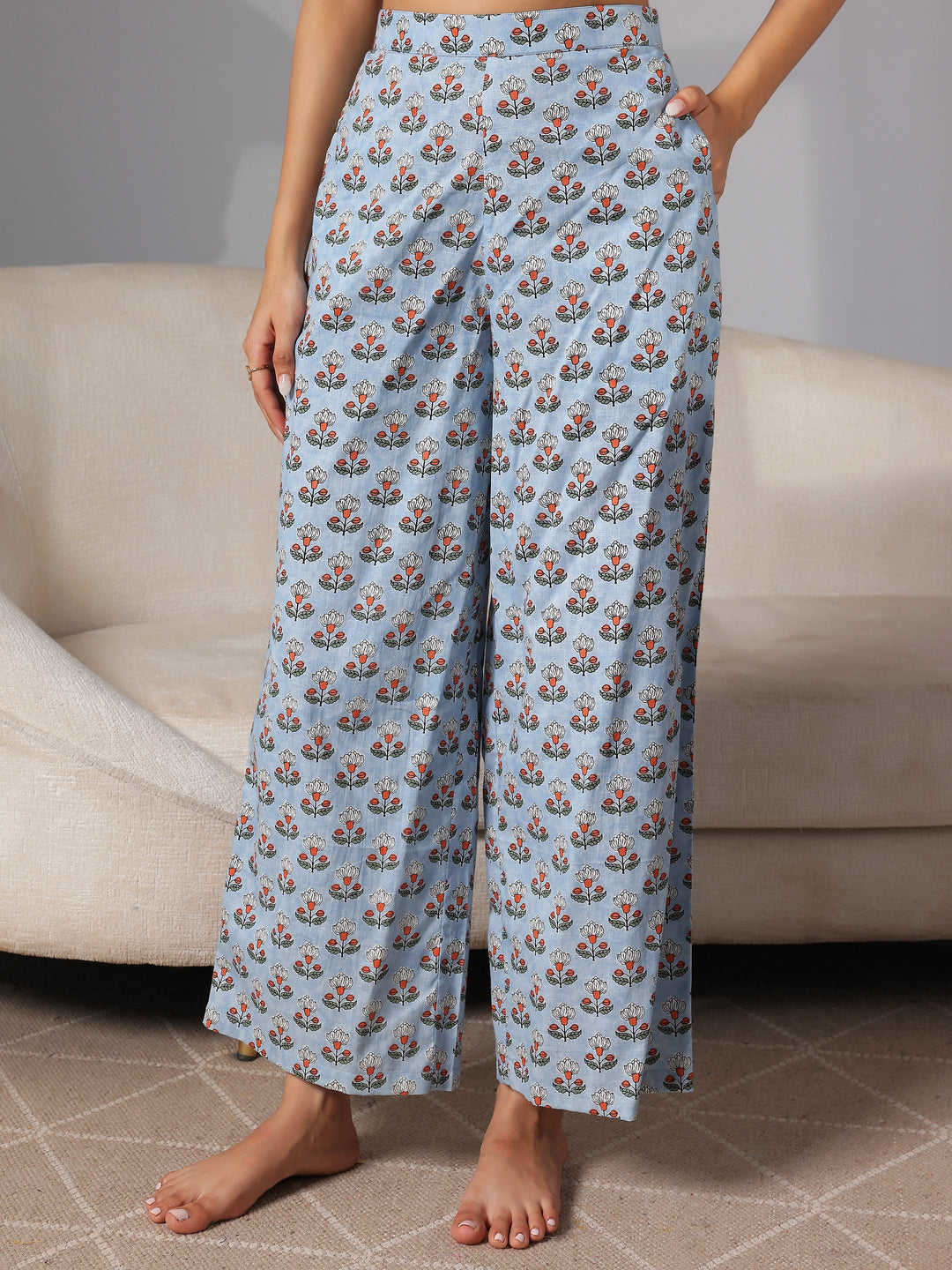 Blue Printed Cotton Night Suits