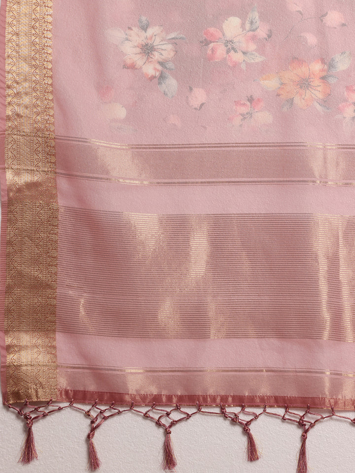 Mauve Printed Organza Saree With Unstitched Blouse Piece