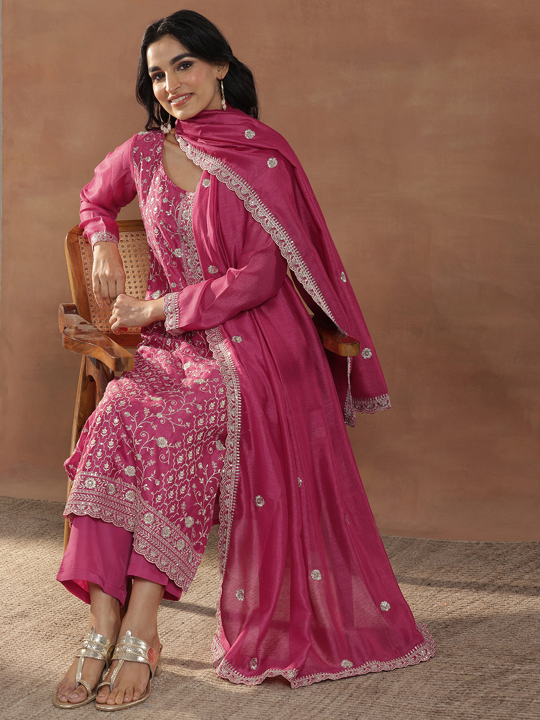 Pink Embroidered Silk Blend Straight Suits With Dupatta