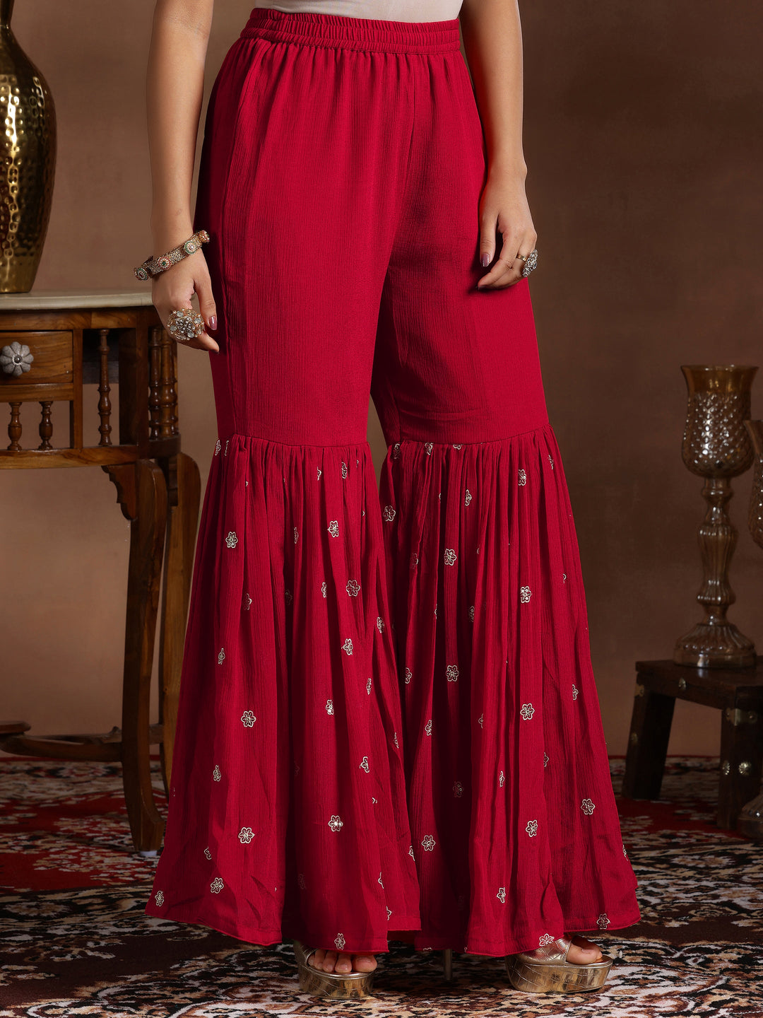 Red Embroidered Silk Blend Straight Suit With Dupatta