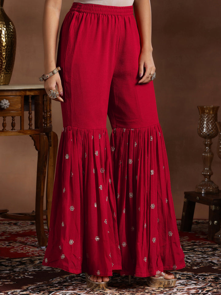 Red Embroidered Silk Blend Straight Suit With Dupatta