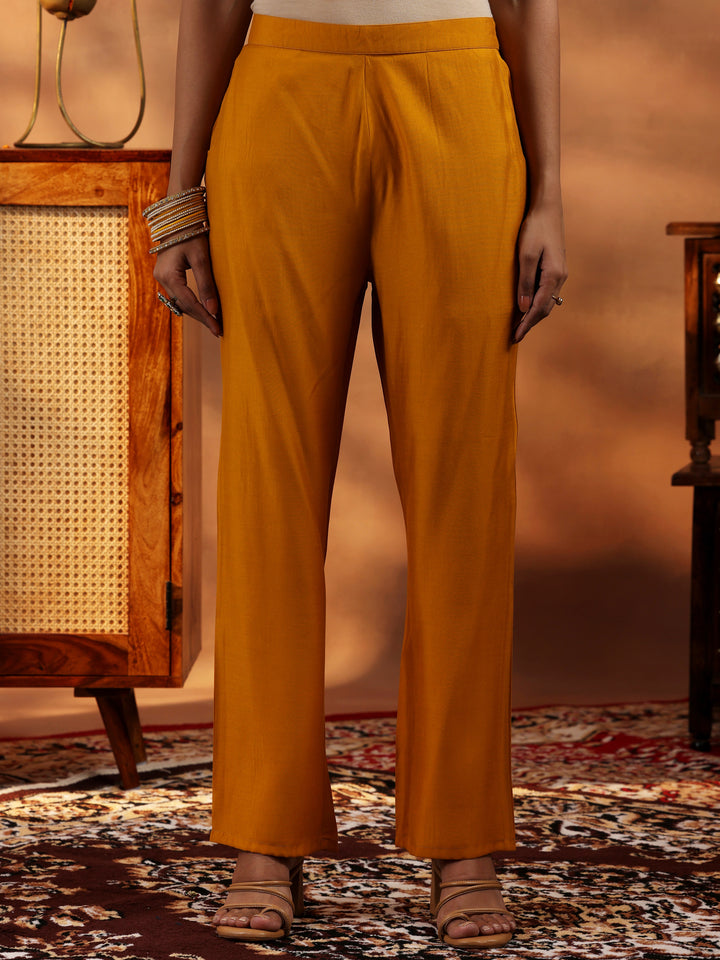 Mustard Embroidered Silk Blend Straight Suit With Dupatta