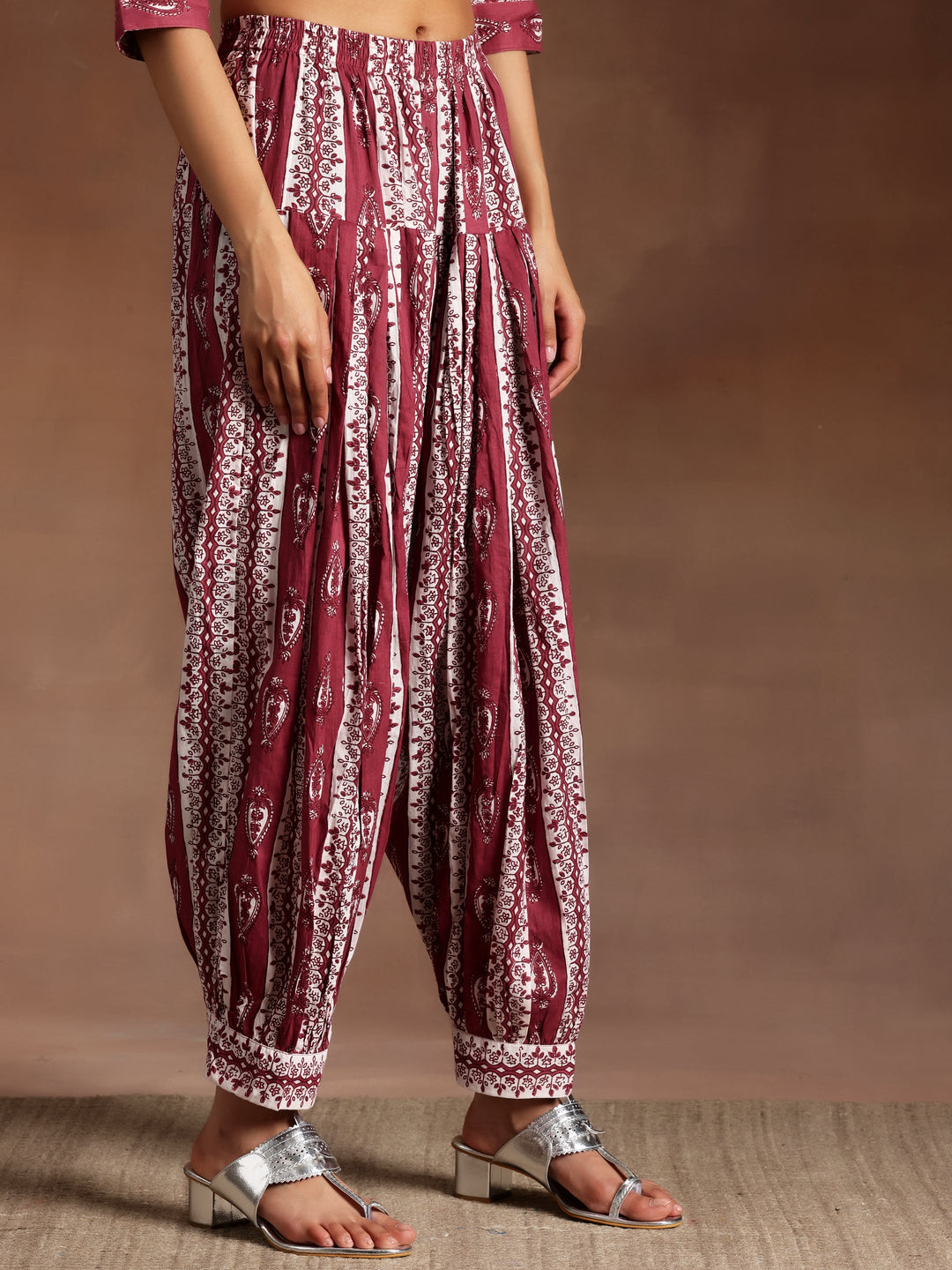 Wine Printed Cotton Straight Suit With Dupatta