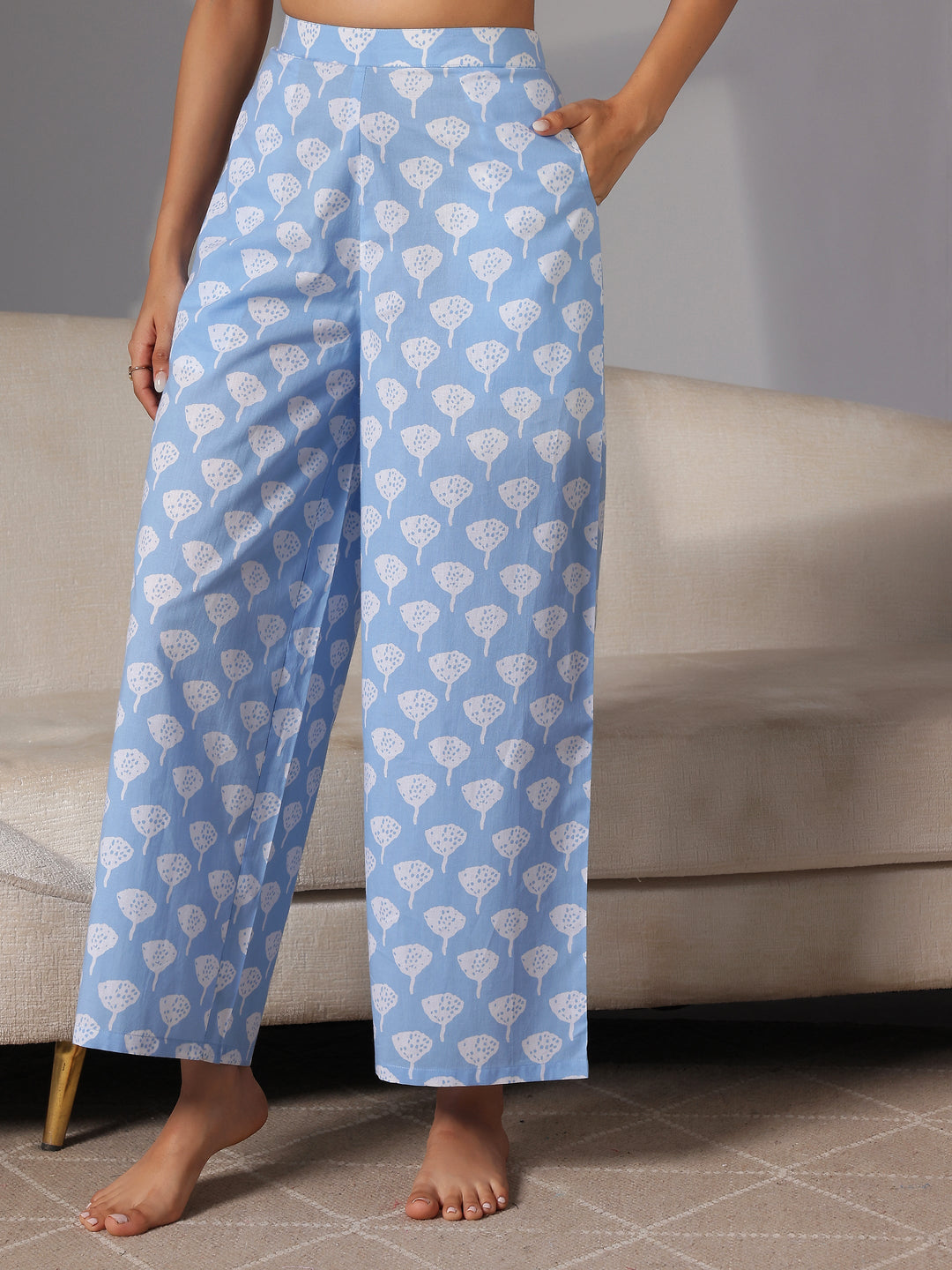 Blue Printed Cotton Night Suits