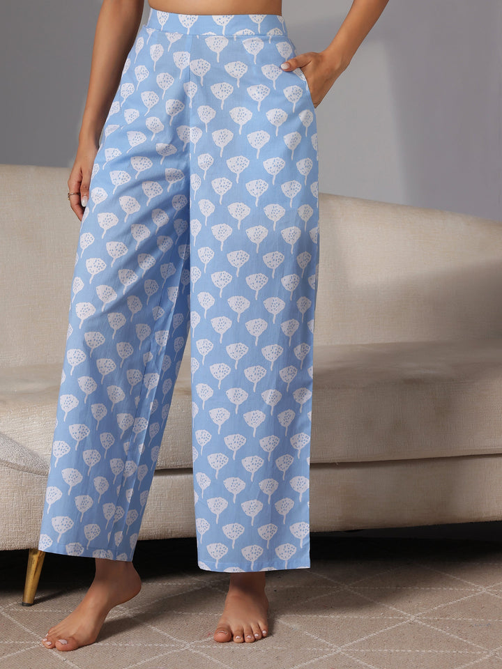 Blue Printed Cotton Night Suits