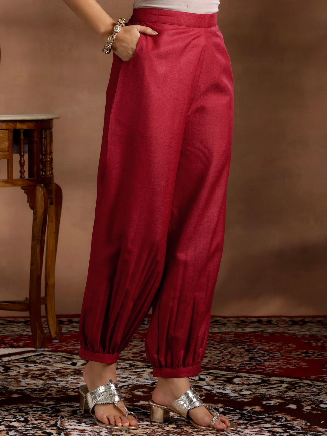 Maroon Solid Cotton Blend Straight Suit With Dupatta