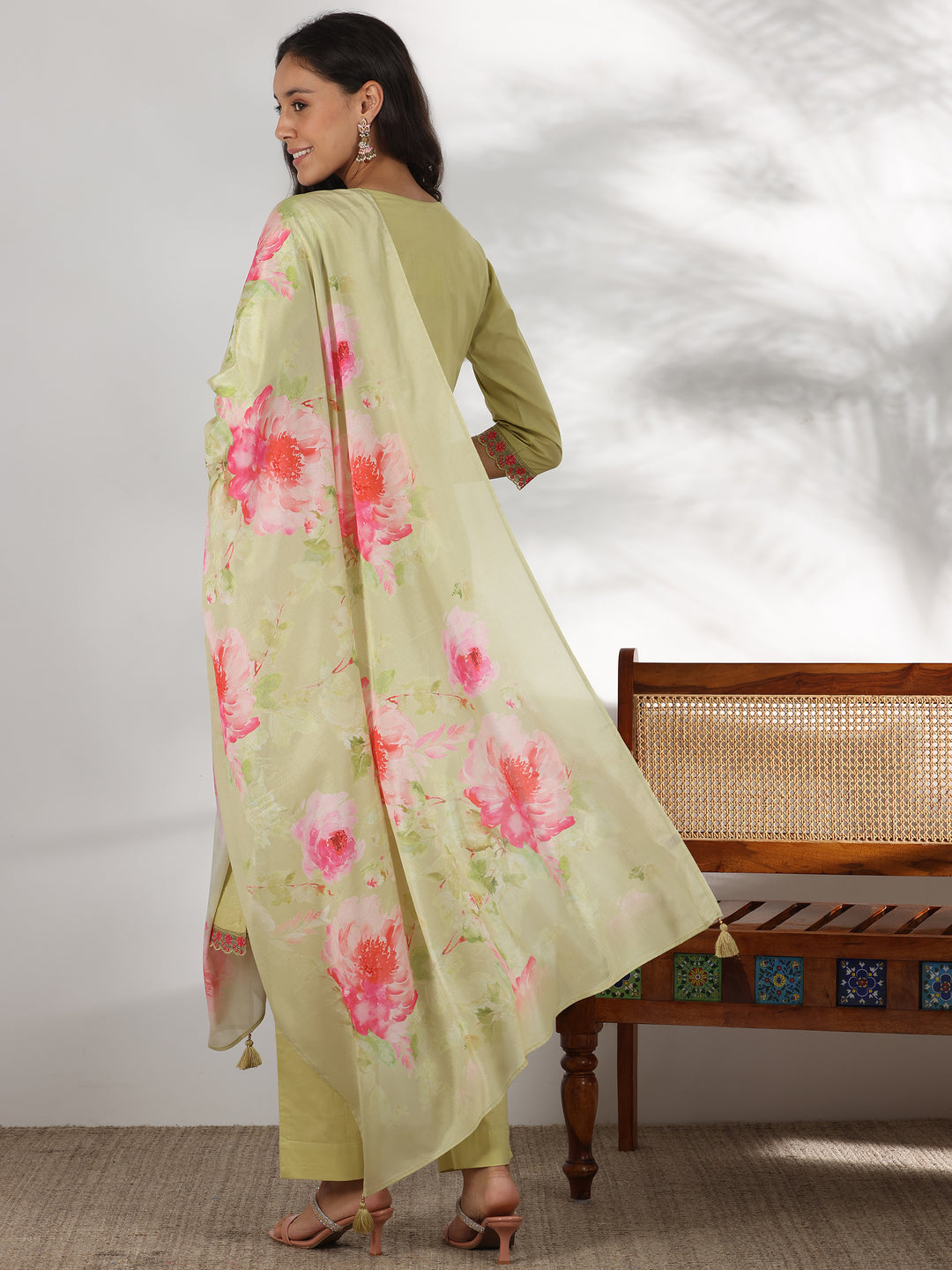 Green Embroidered Cotton Straight Suit With Dupatta