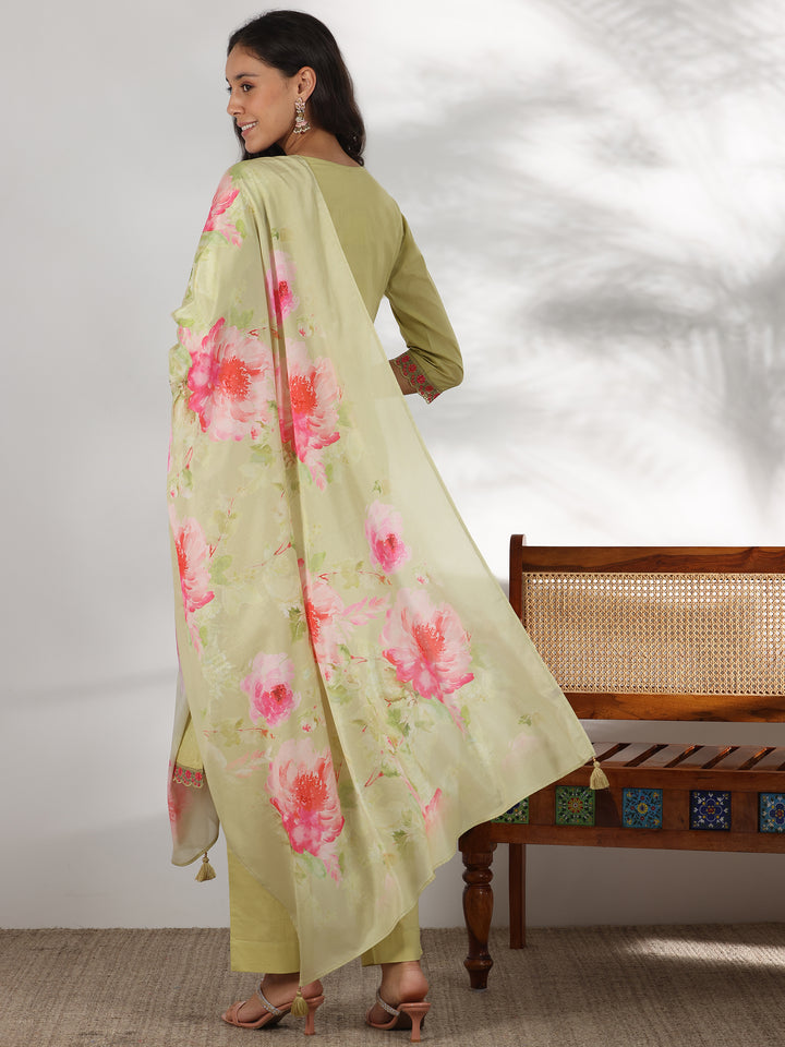 Green Embroidered Cotton Straight Suit With Dupatta