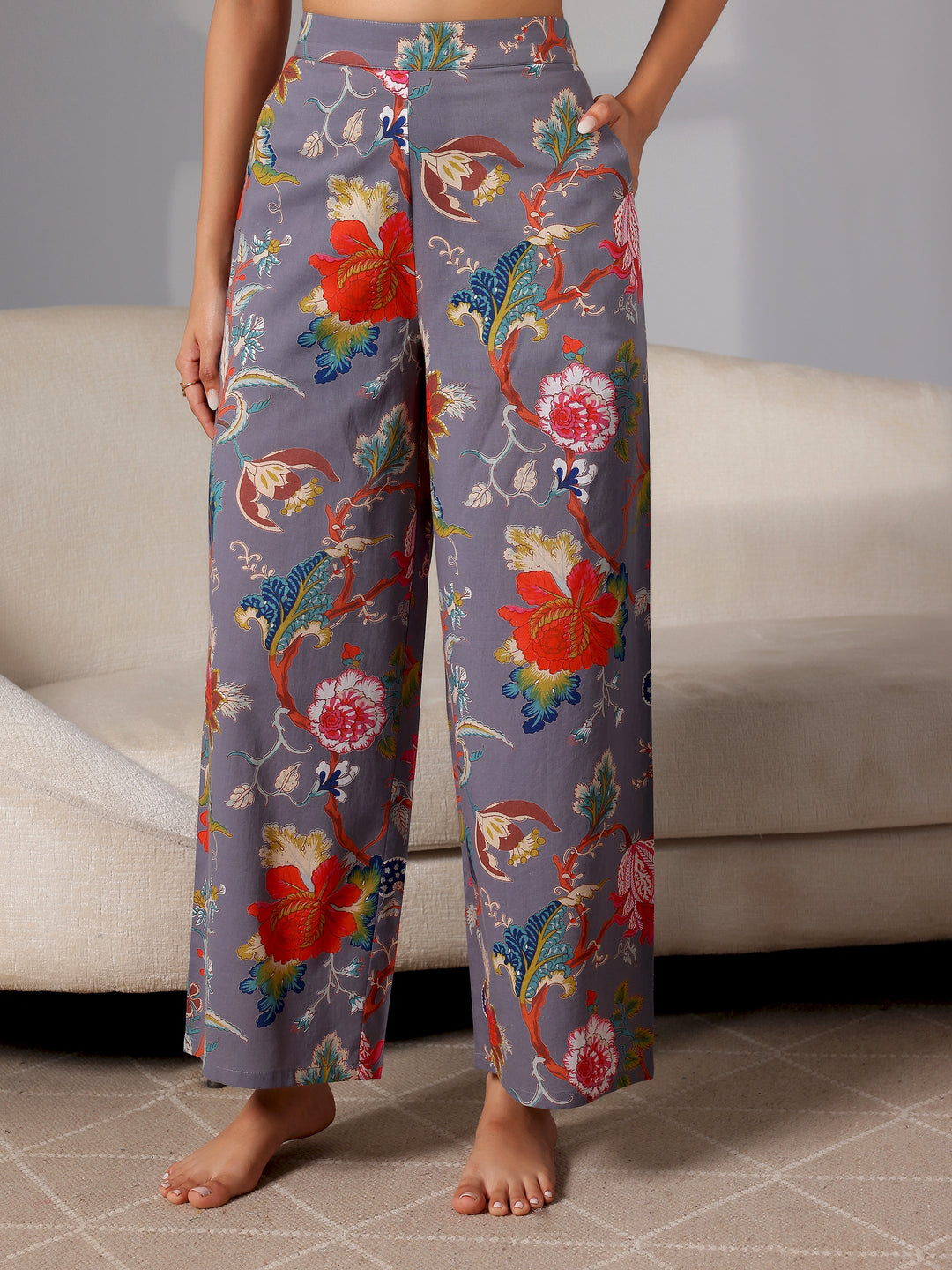 Grey Printed Cotton Night Suits