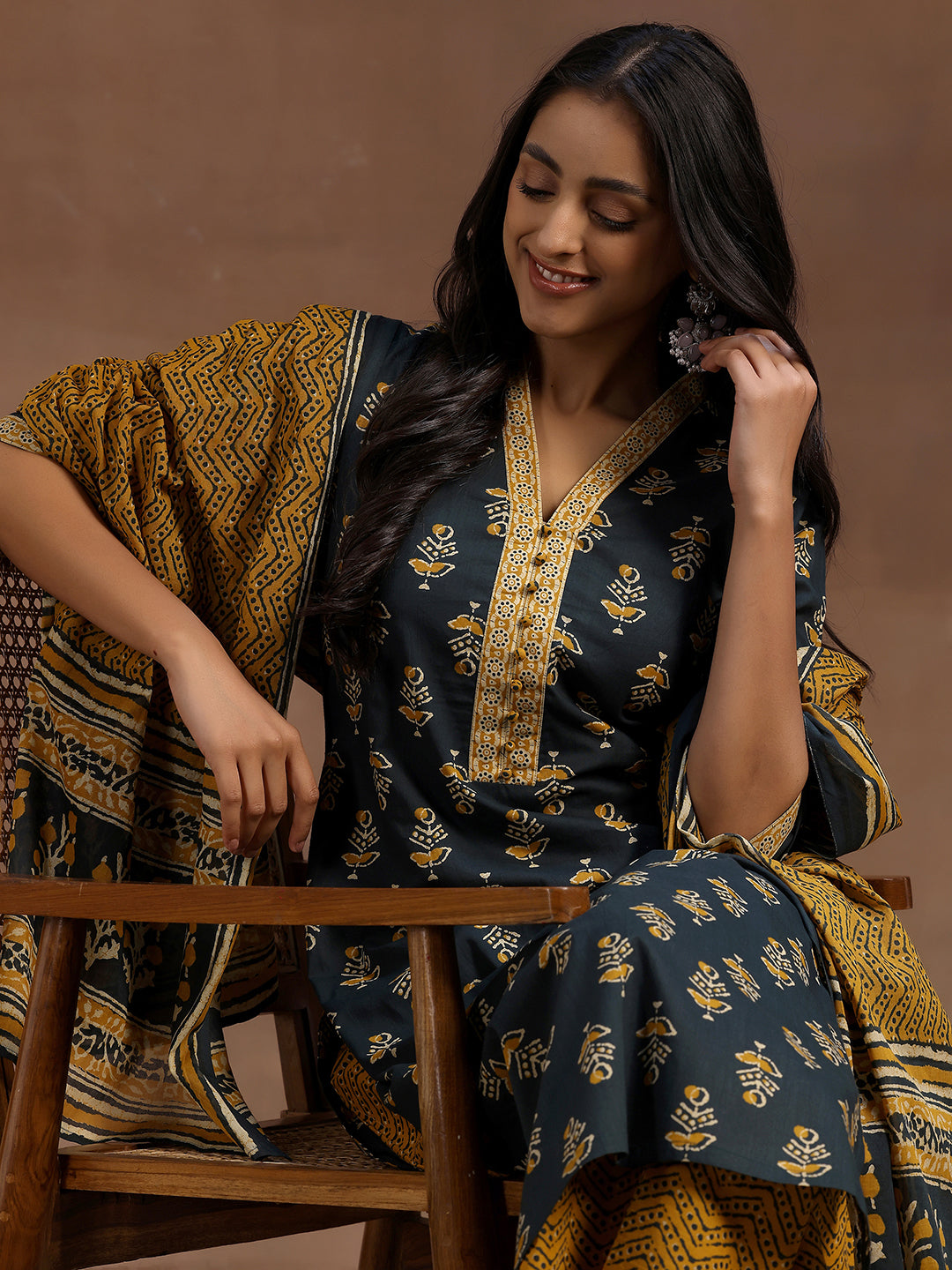 Green Printed Cotton Straight Suit With Dupatta