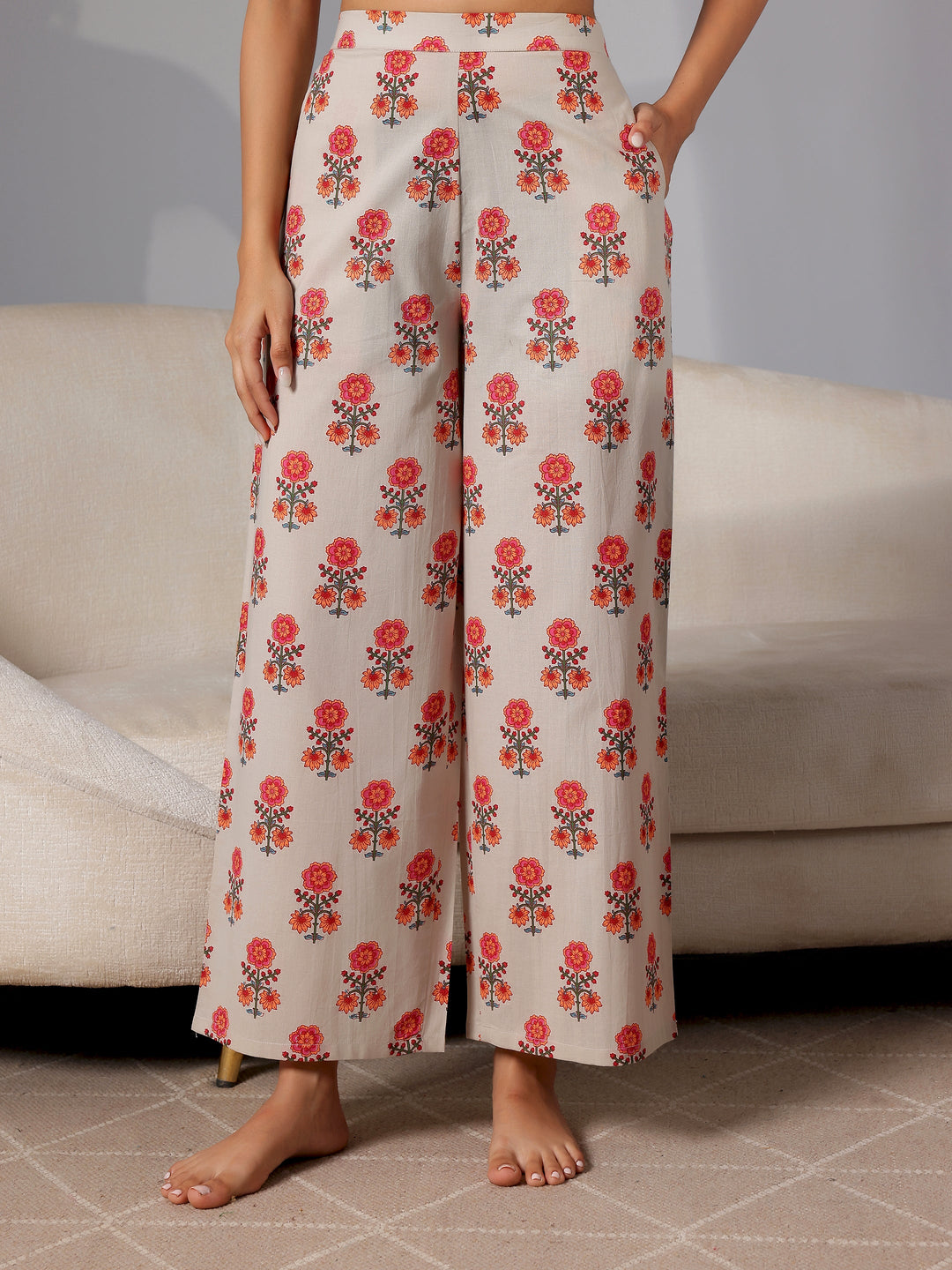 Beige Printed Cotton Night Suits