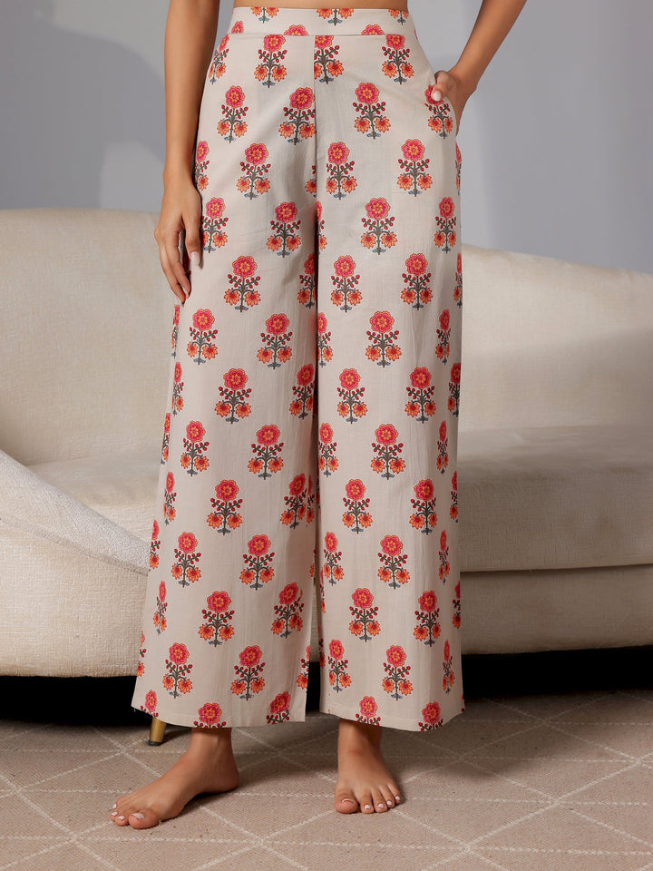 Beige Printed Cotton Night Suits