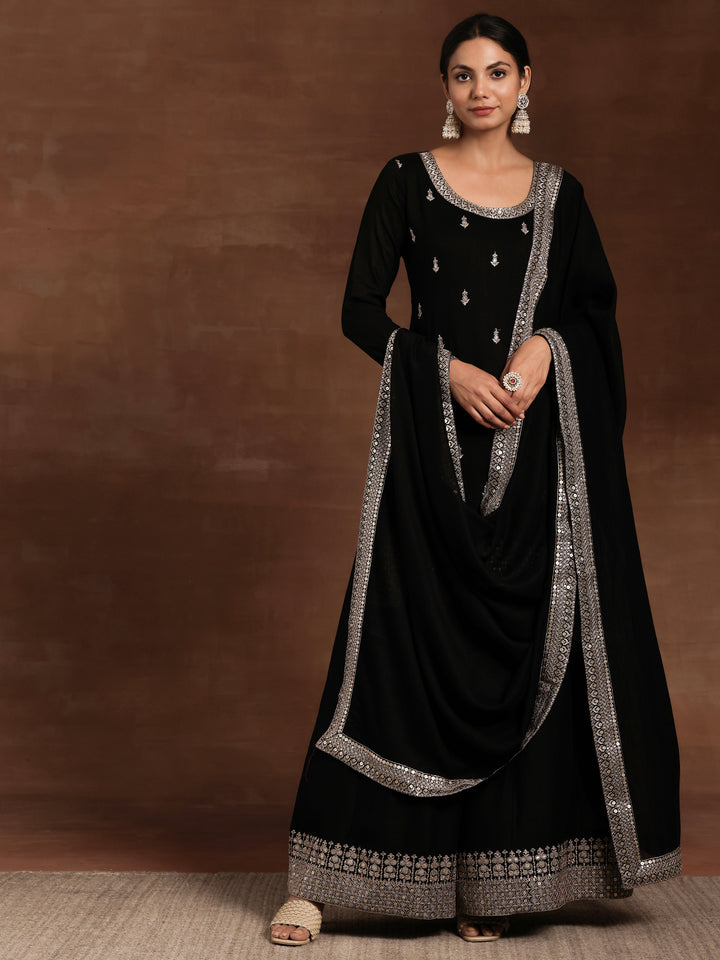Black Embroidered Silk Blend Straight Suit With Dupatta