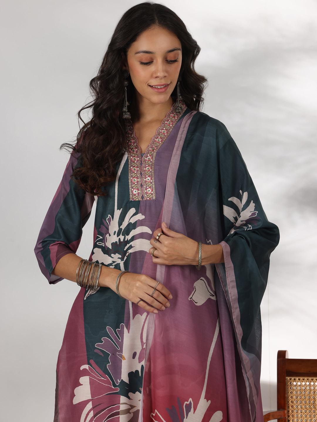 Mauve Printed Cotton Blend Straight Suit With Dupatta