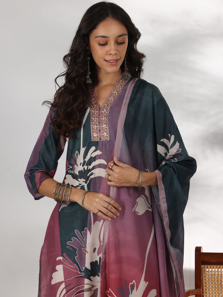 Mauve Printed Cotton Blend Straight Suit With Dupatta
