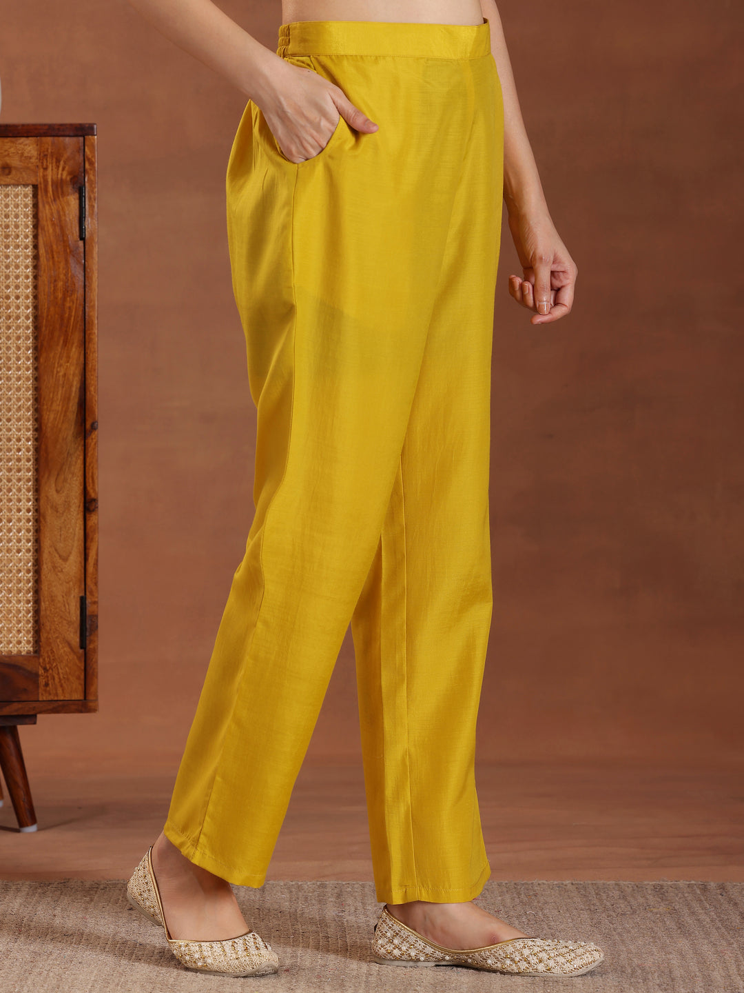 Mustard Embroidered Organza Straight Suit With Dupatta