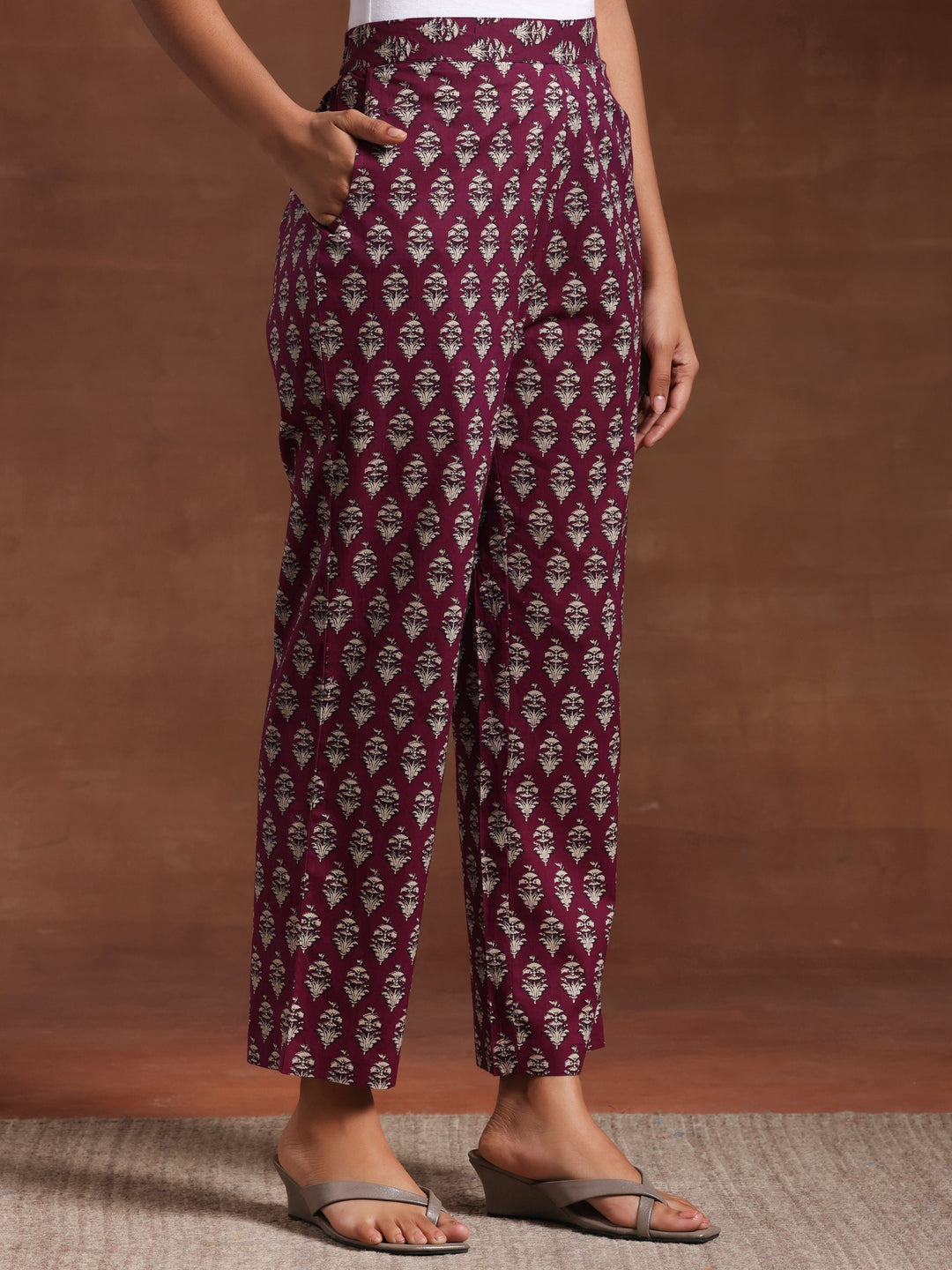 Wine Printed Pure Cotton Anarkali Suit With Dupatta