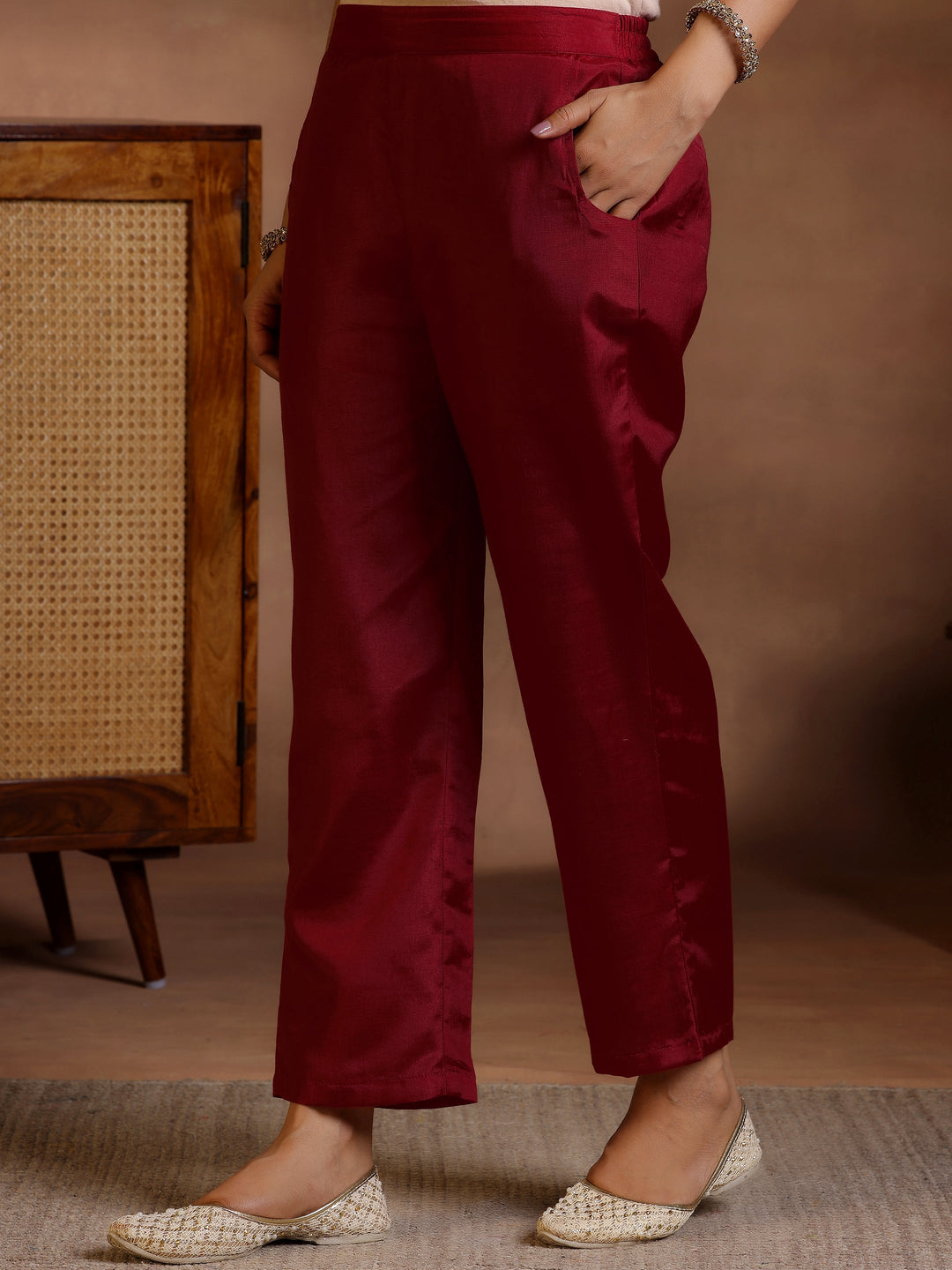 Maroon Printed Georgette A-Line Kurta With Trousers & Dupatta