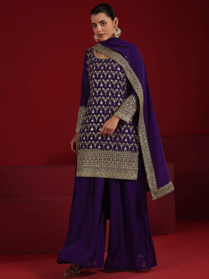 Libas Art Purple Embroidered Georgette Straight Suit Set With Dupatta