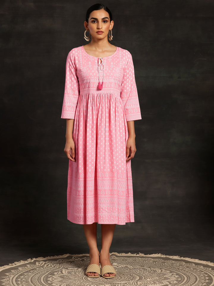Pink Printed Cotton Fit and Flare Dress
