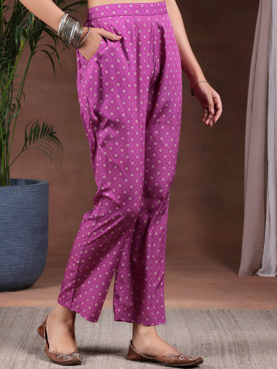 Wine Printed Poly Crepe Straight Kurta Set