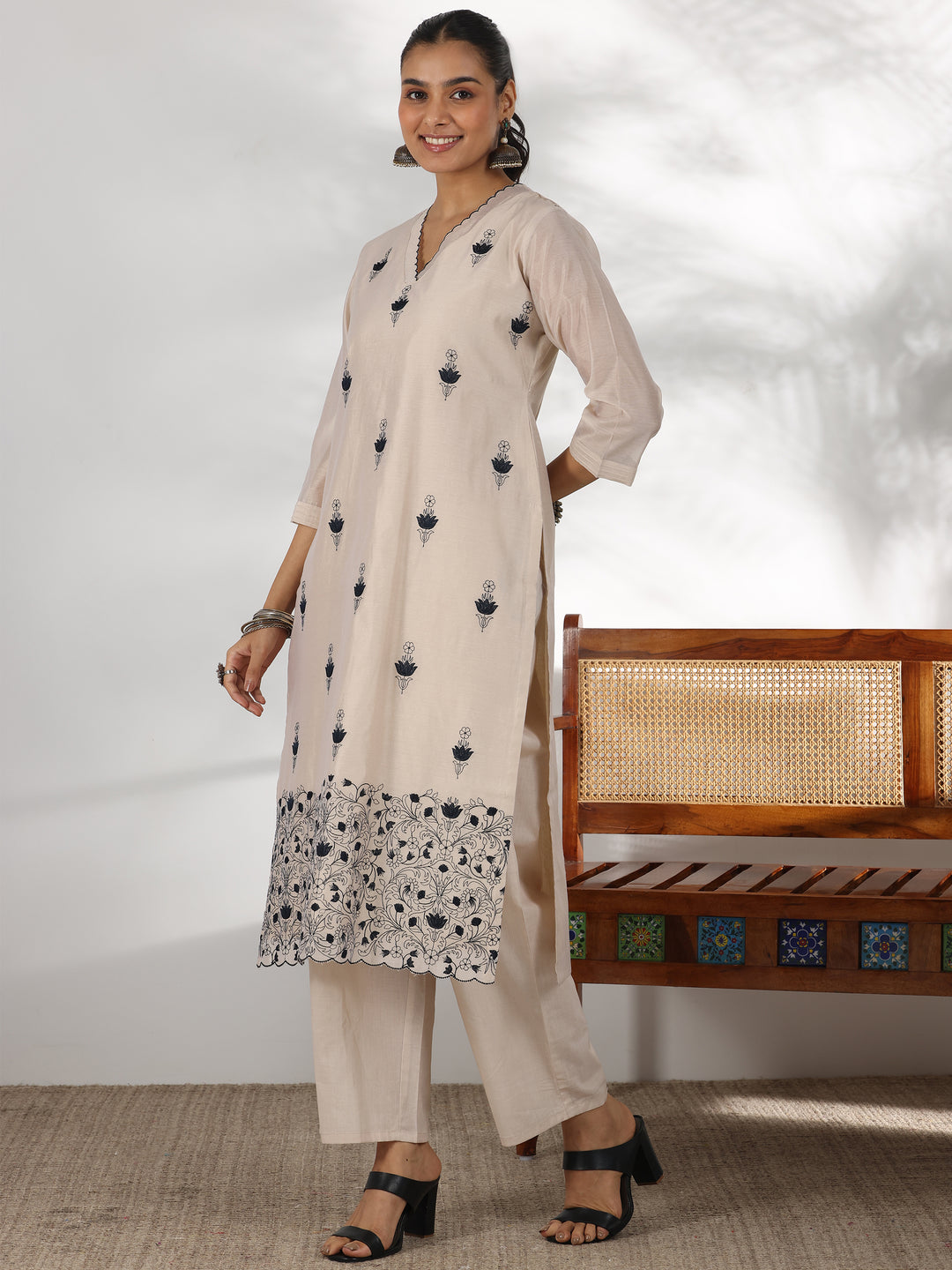 Beige Embroidered Chanderi Silk Straight Suit With Dupatta