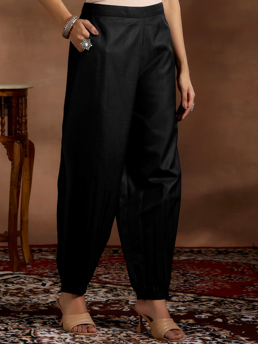 Black Solid Cotton Blend Straight Suit With Dupatta