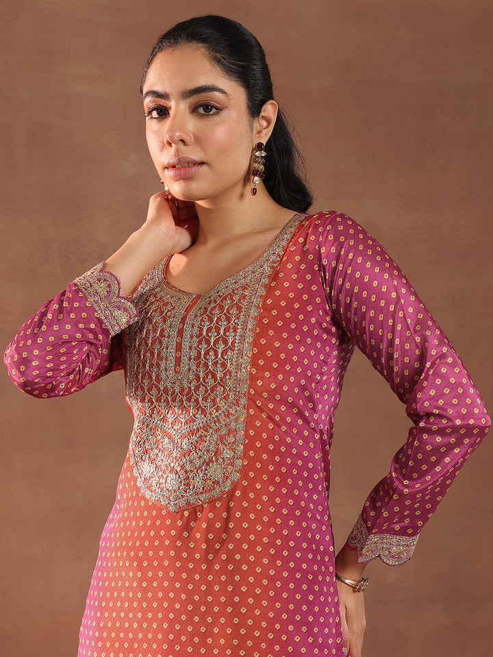 Pink Printed Silk Blend Straight Suit With Dupatta