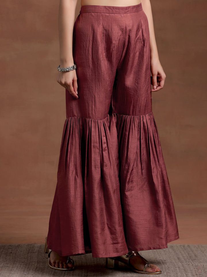 Brown Printed Silk Blend A-Line Kurta With Sharara