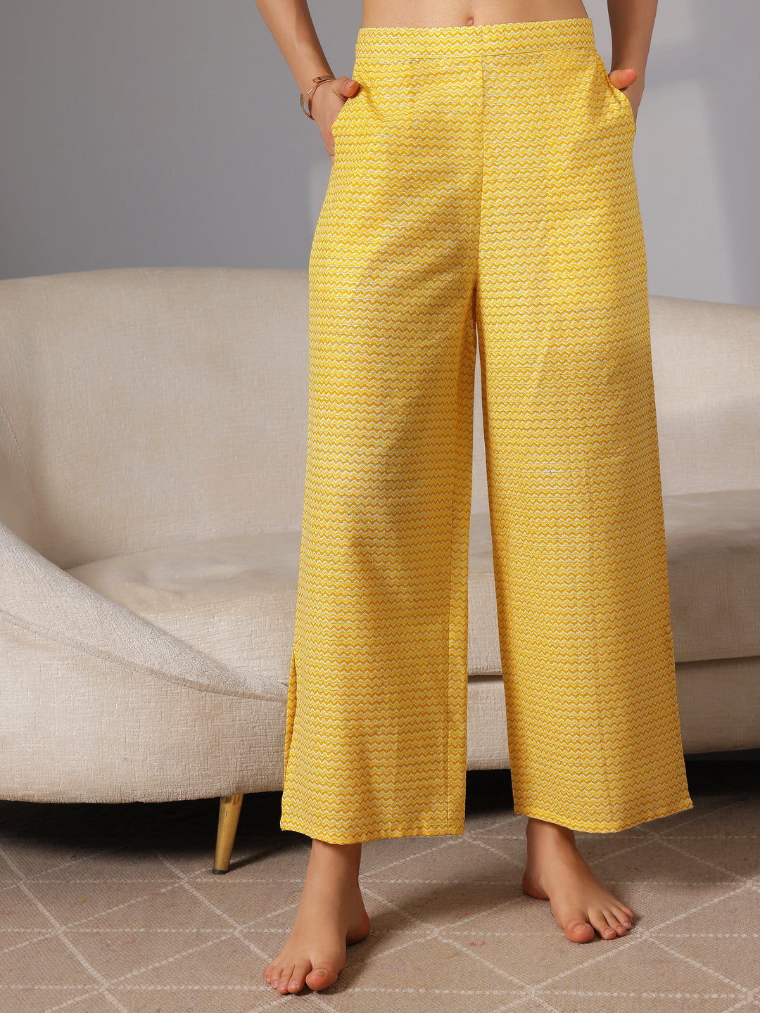 Yellow Printed Cotton Night Suits
